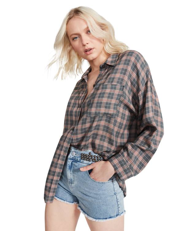 Steve Madden Plaid Flannel Topper Dame Mørke Grå | SM-245ZU