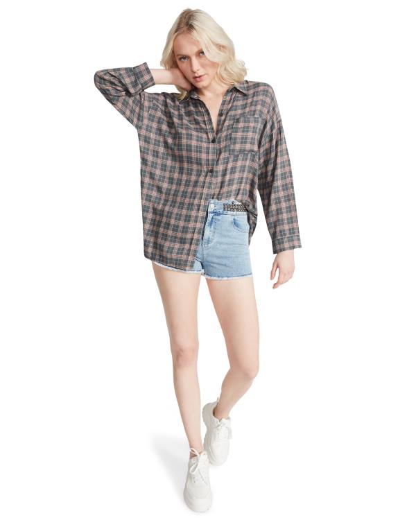 Steve Madden Plaid Flannel Topper Dame Mørke Grå | SM-245ZU