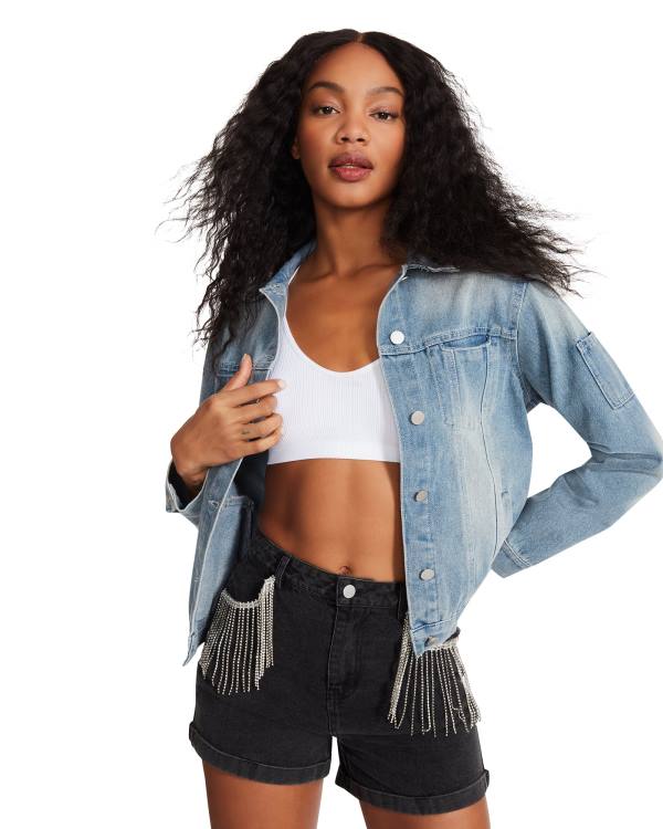 Steve Madden Rhinestone Fringe Denim Jakke Dame Blå | SM-251VK