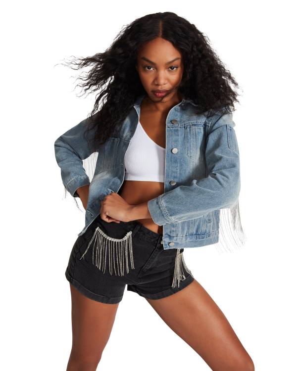 Steve Madden Rhinestone Fringe Denim Jakke Dame Blå | SM-251VK