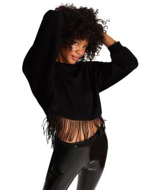 Steve Madden Fringe Crew Neck Topper Dame Svarte | SM-362VQ