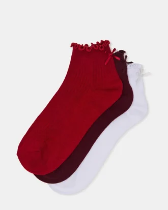 3-pakning Melody-sokker med bølgekant og sløyfe, rød, flerfarget
