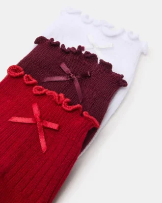 3-pakning Melody-sokker med bølgekant og sløyfe, rød, flerfarget