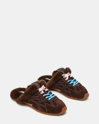 Aziel Mule med imitert pels i sjokoladebrun semsket skinn